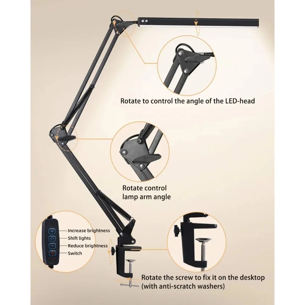 10W LED Desk Lamp with Clamp Swing Arm Eye-Caring Dimmable Desk Light 10 Brightness Levels 3 Modes USB Charging