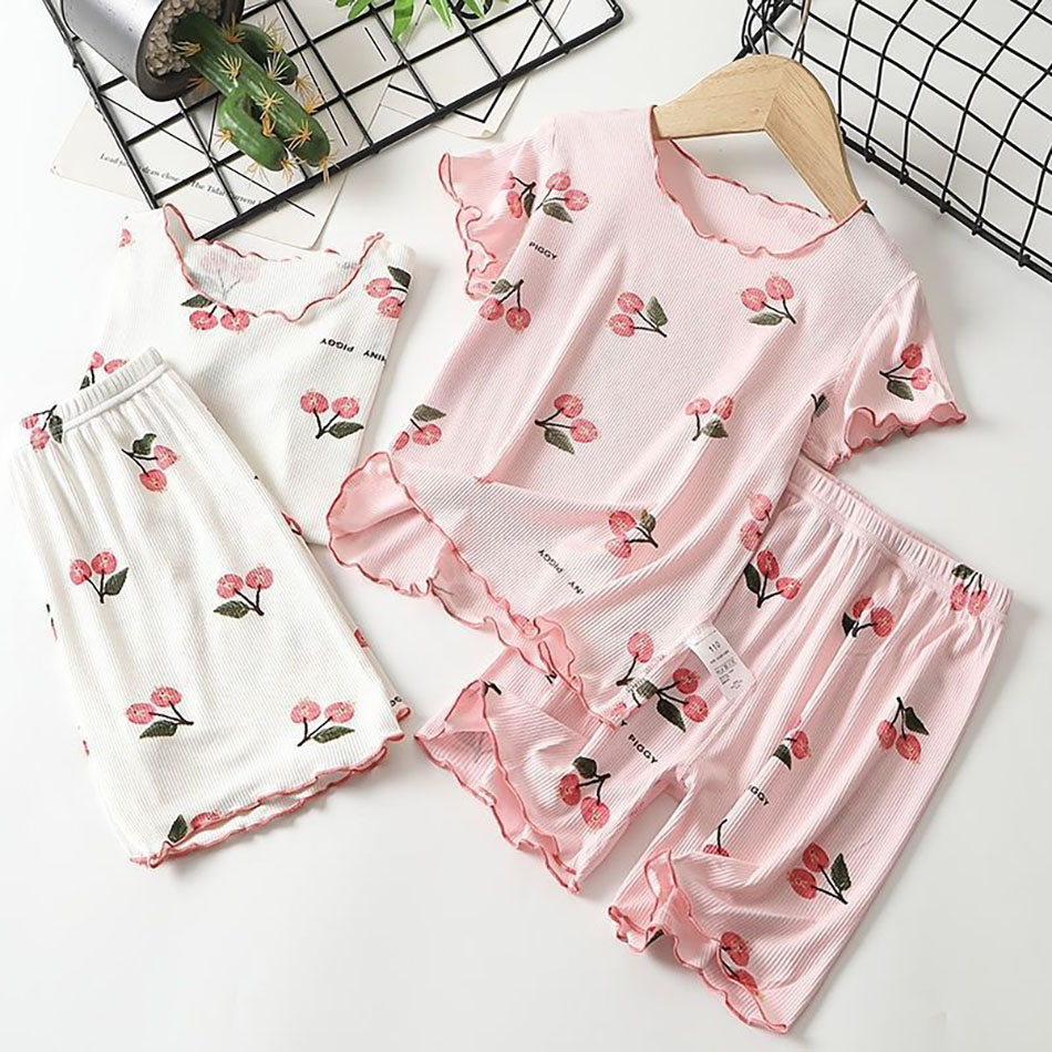 Girls Summer Pajama Set Cherry Blossom Print 4-Way Stretch Shorts & Tee Breathable Modal Blend for Bedtime and Playtime for 1-8Y