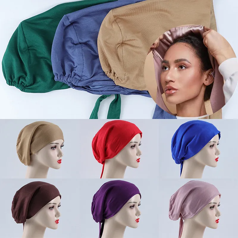 Dupla camada de cetim macio camisa hijab boné islâmico cabeça usar chapéu underscarf gravata gorro lenços turcos muçulmano headcover 20 cores