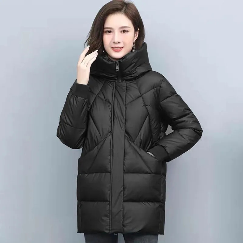 2023 Winter Elegant Mother's Parkas Padded Jacket Thick Down Padded Jacket Vintage Hooded Cotton Coat Women's Mid-Length Jackets