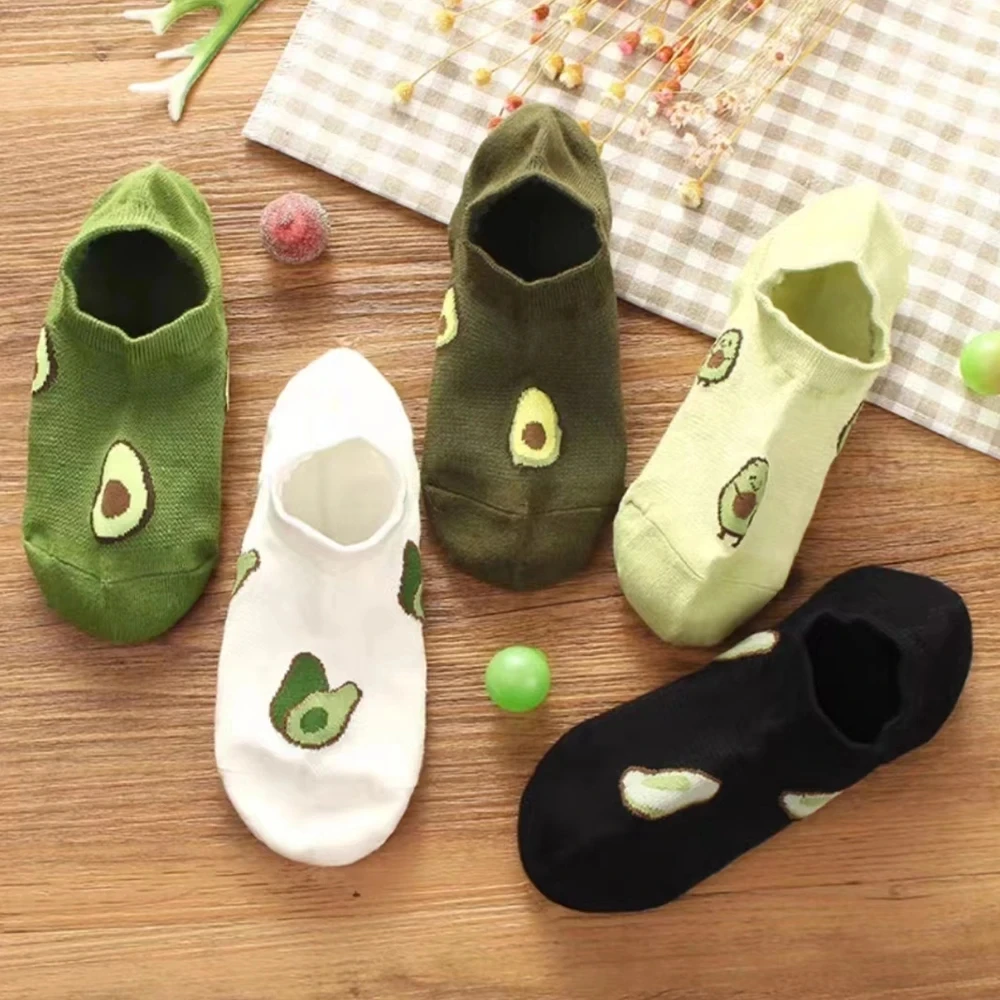 5 pares de calcetines tobilleros de aguacate con dibujos animados, moda fresca, transpirables, cómodos Kawaii para verano y otoño, calcetines náuticos de corte bajo para mujer