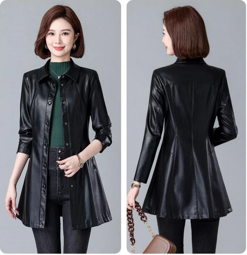 Neue Frauen Leder Trenchcoat Herbst Winter Mode Drehen Unten Kragen Dachte Taste Schlanke mittellange Leder Mantel Split leder