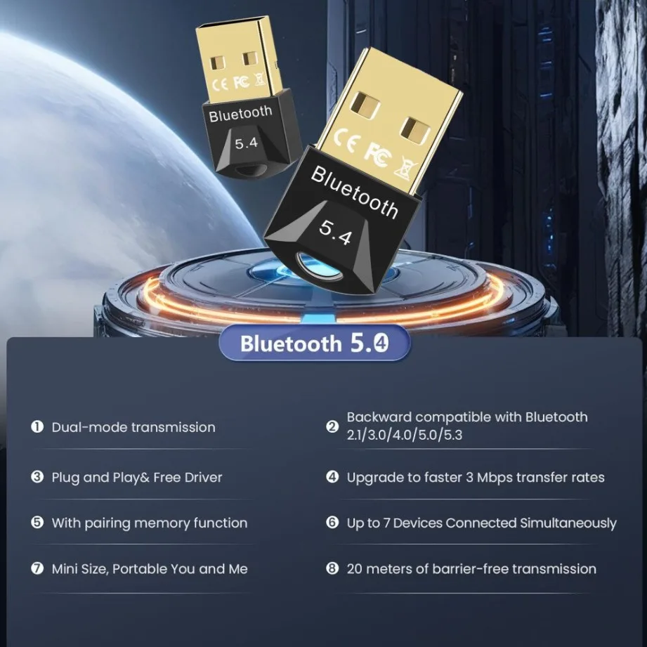 Bluetooth Adapter for PC USB Bluetooth 5.4/5.3/5.1/5.0 Adapter for Speaker Mouse Keyboard Wireless Dongle Transmitter Receiver