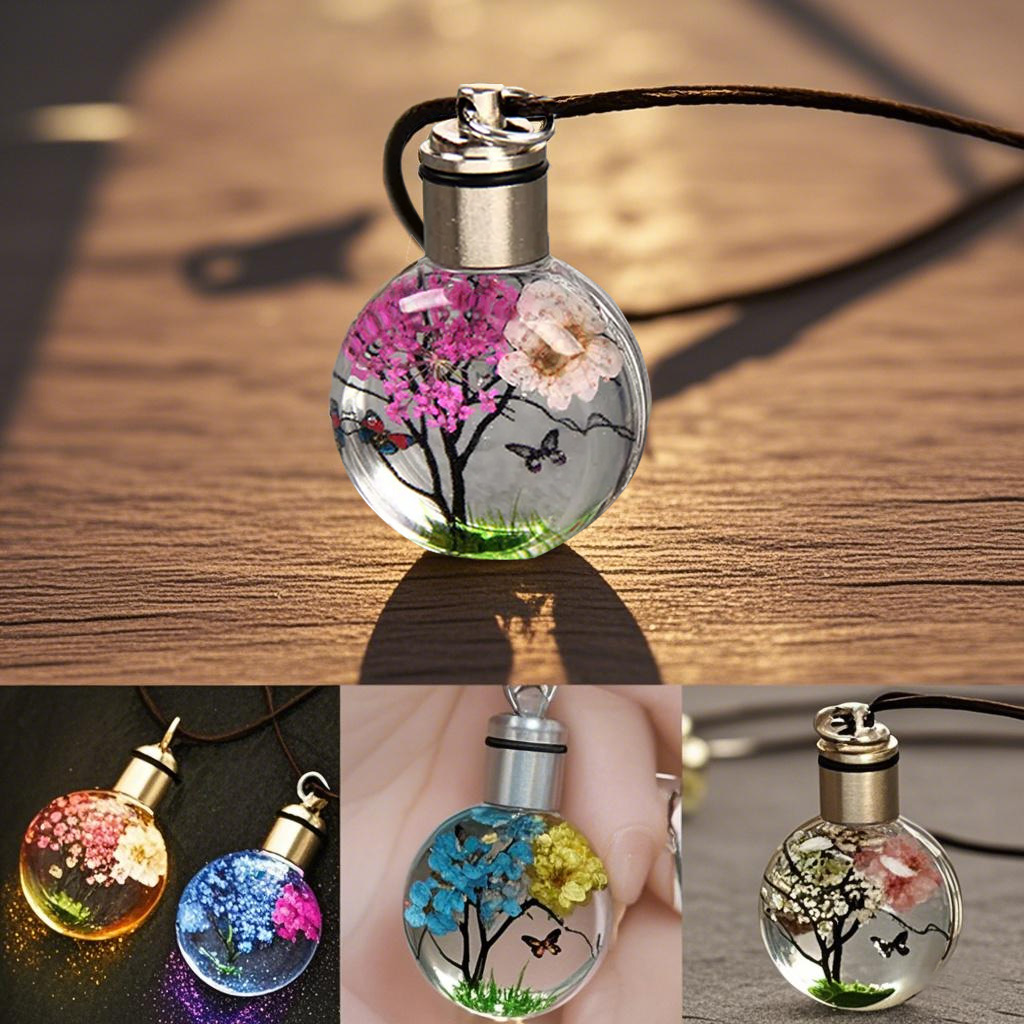 Nieuwe lichtgevende gedroogde bloem vlinder glazen bol ketting voor dames - lederen choker ketting hanger sieraden