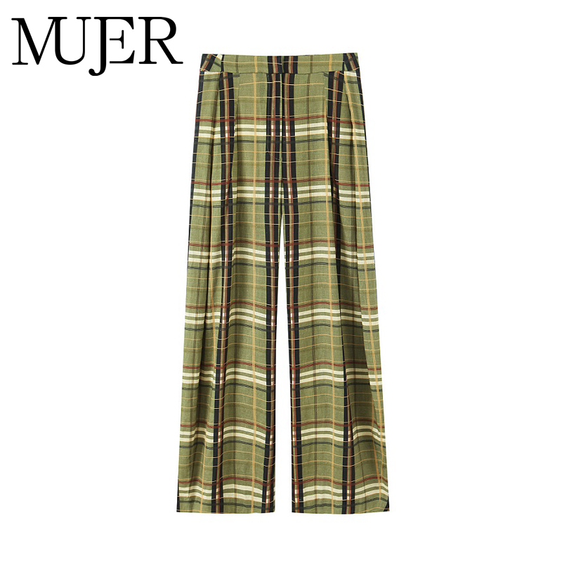 MUJER Karierte Hose mit weitem Bein für Damen, mittlere Taille, lockere Hose, Damen-Streetwear, lässige Damenhose, Urlaub, Vintage-Hose für Damen