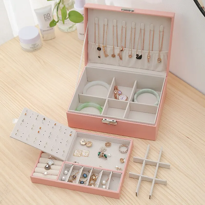 1pcs Double Layer Storage Box For Men And Women Large Capacity Leather Jewelry Box Hardware Latch Travel Portable Flip Lid Palm