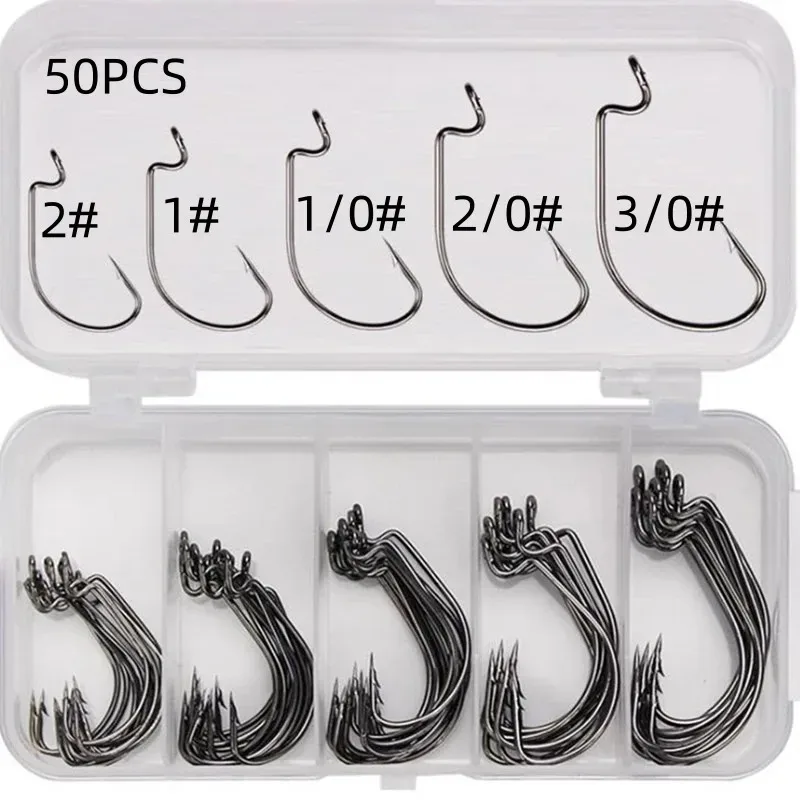 50 ชิ้นกล่องตะขอตกปลาชุด Jig Crank ตะขอหนามสูงคาร์บอนสแตนเลสกว้าง Gap Offset Fishhook Soft Worm Sea Hook Tackle