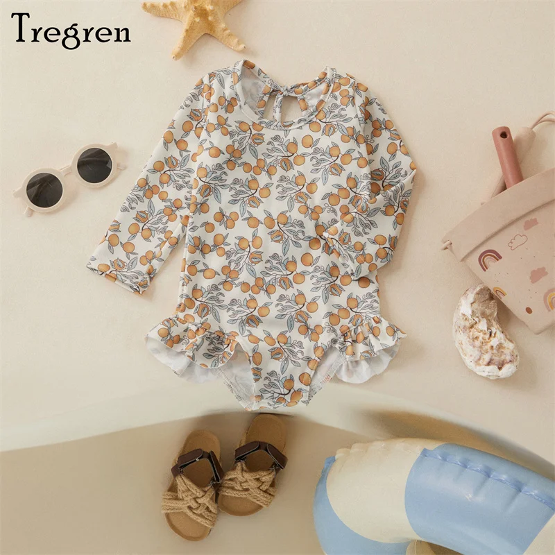 Tregren-bañador de verano para niña, traje de baño con estampado Floral de manga larga con volantes, traje de baño para bañistas, ropa de playa para piscina