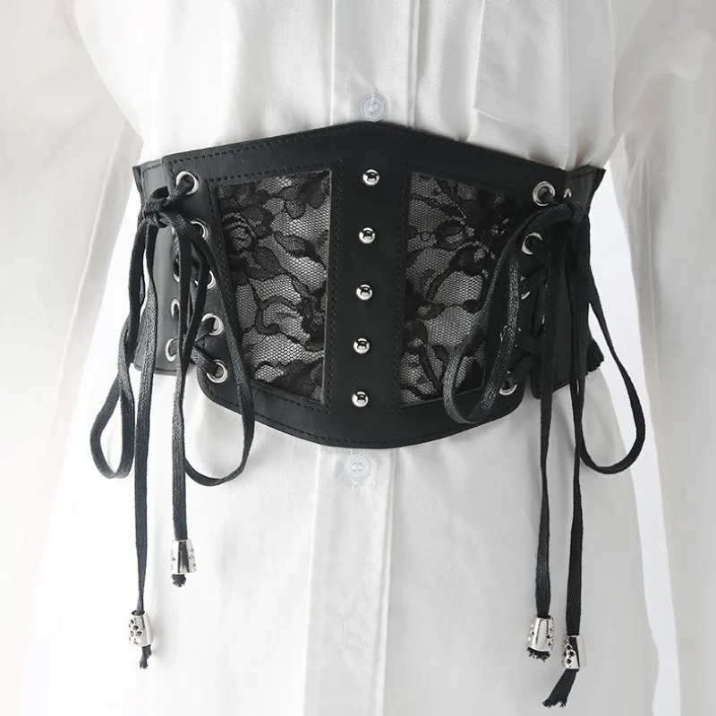 1pc Lace Patchwork Black Belts Corset Female Goth High Waist Corsets Harajuku Vintage Mesh See Through Waist Shaper Cummerbunds