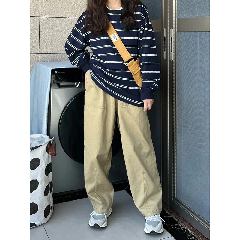 シックな韓国スタイルのストライプ長袖ルーズ女性のベースシャツトレンディなインナーウェア秋冬コットン Tシャツラウンドネック