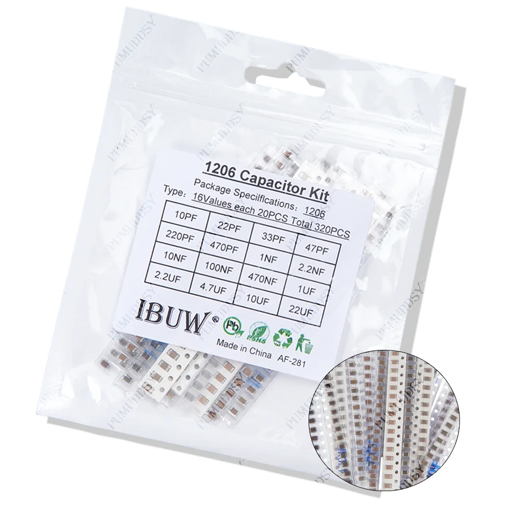 320 Uds 720 Uds 2500 Uds 0603 0805 1206 Kit de condensadores SMD Kit surtido 16/36/50 valores PUMUDSY 1PF ~ 1UF