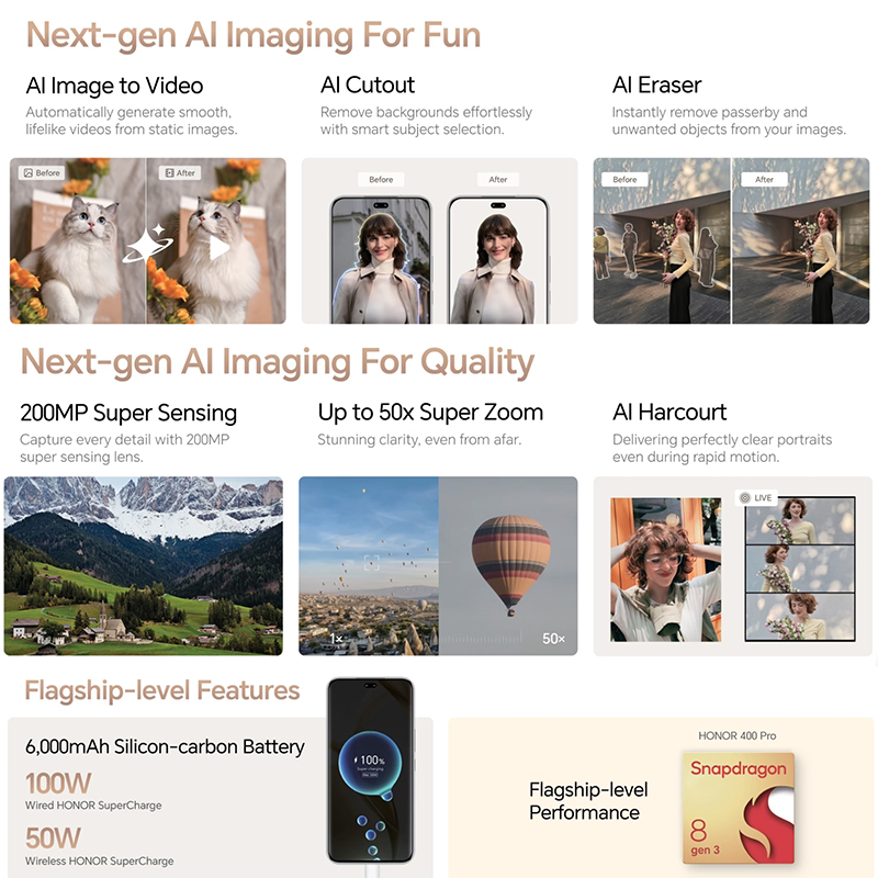 Versión global Honor 400 Pro DNP-NX9 12+512GB Midnightblack/Lunargrey/Tidalblue【Uno de garantía】