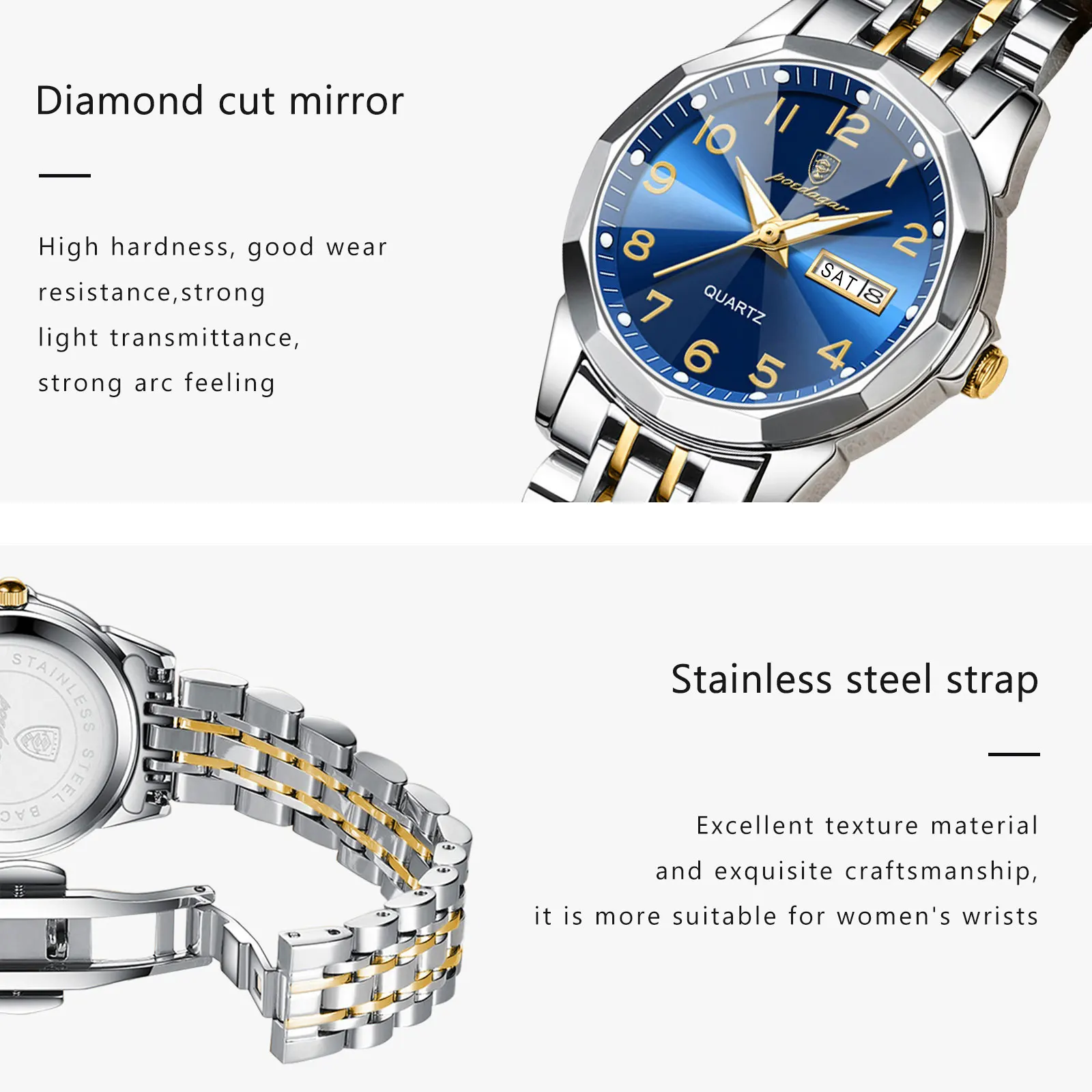 Reloj de pulsera POEDAGAR de lujo para mujer, Reloj de cuarzo resistente al agua con fecha luminosa y semana, relojes de acero inoxidable para mujer, Reloj femenino
