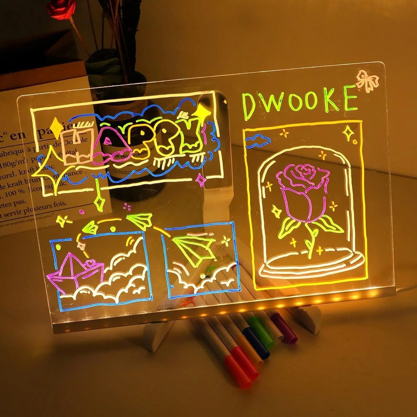 Acrylic Message Board with Light Erasable Writing LED Drawing Board for Advertising Display Bedroom Decoration 7 Pens Included