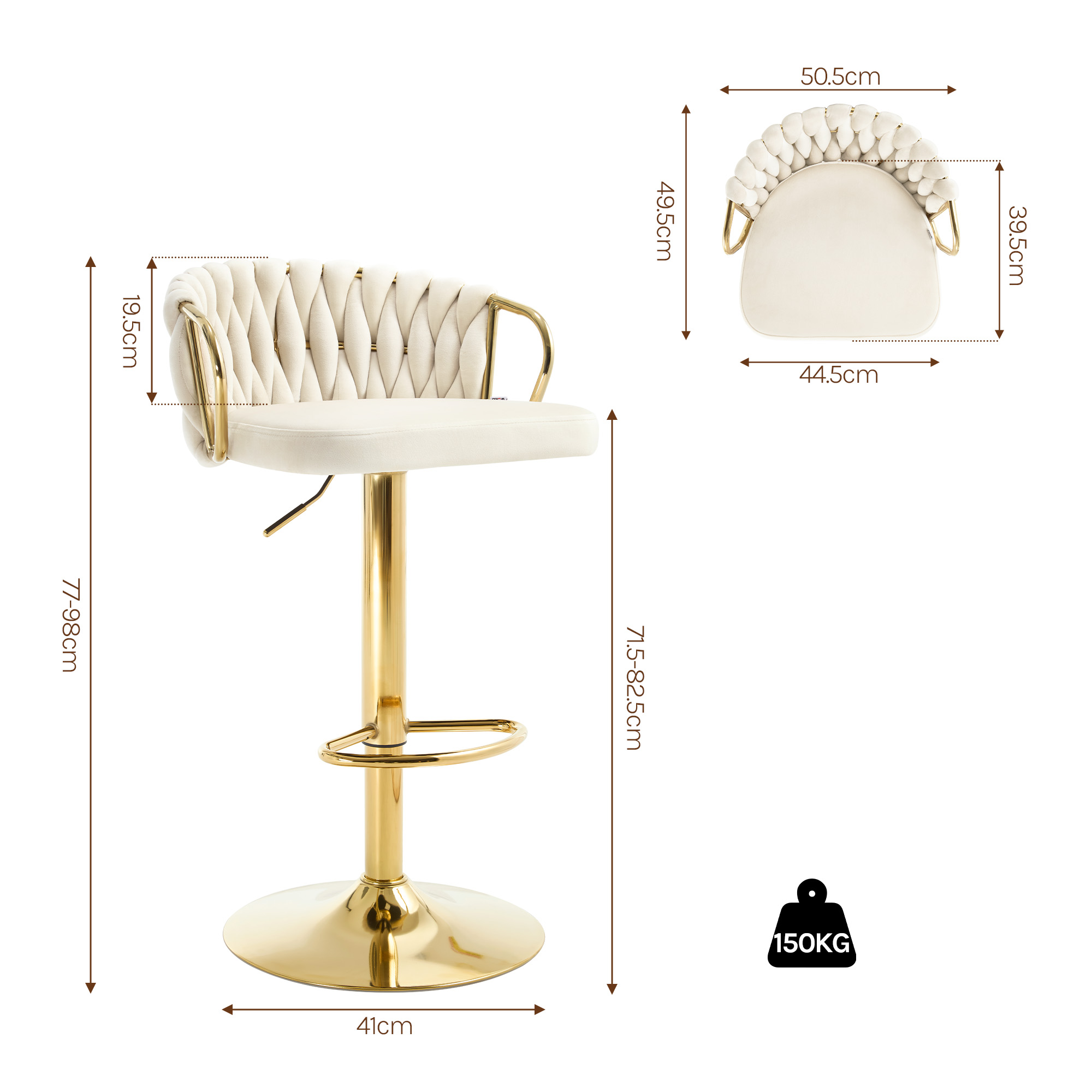 Tabouret de bar en velours avec dossier tressé, chaise réglable, repose-pieds en métal, tabouret de cuisine et de restaurant, recommandé, rotatif à 360 °, 2 pièces