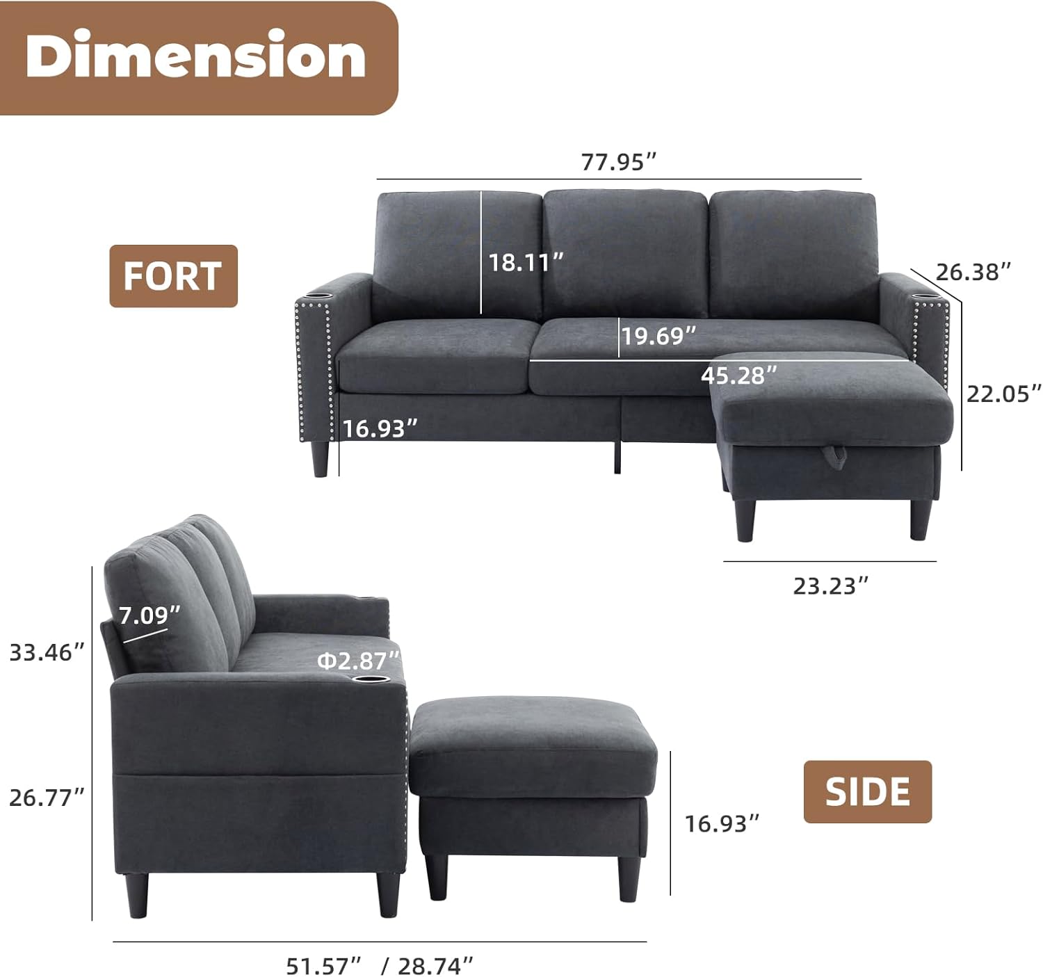 Convertible Sectional Couches for Living Room, L-Shaped Couch 3 Seats Sofas with Storage Chaise & 2 Cup Holders