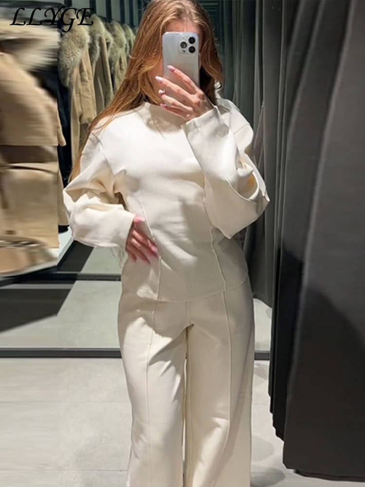 Casual sólido calças superiores conjunto feminino moda manga longa o pescoço plissado topos calças de perna larga 2024 outono férias senhora terno