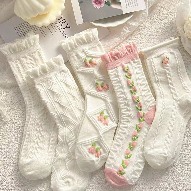 5 paia di calzini a tubo medio in pizzo carino Lolitajk da donna arruffato stile Harajuku autunno inverno morbido Versatile calzini da ragazza alla moda