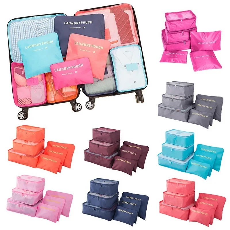 6 pçs/set rosa/azul/cinza saco de armazenamento de viagem grande capacidade à prova dwaterproof água bagagem roupas roupa interior saco de armazenamento com zíper