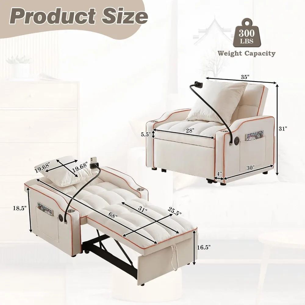 Convertible Sleeper Chair Bed,3 in 1 Velvet Futon Sleeper Sofa Bed with Phone Holder&USB Ports,Pull Out Couch,Adjustable Recline