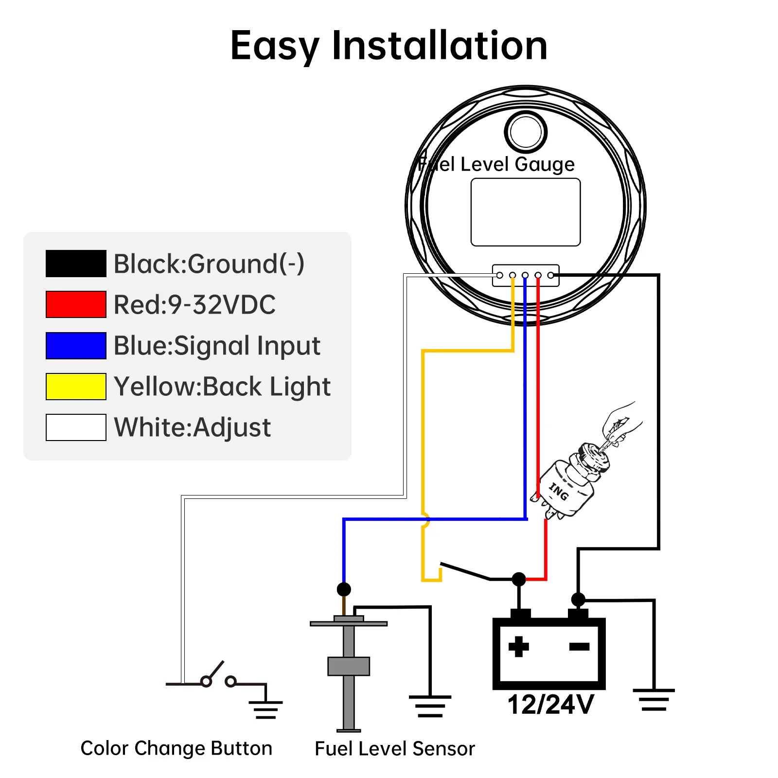 0-190 Ohm Nhiên Liệu Phao Cảm Biến + Nhiên Liệu Đo Độ Ánh Sáng 7 Màu Tự Động Mềm RV Thuyền Xe 2 "52Mm Bình Nhiên Liệu Đo Độ 12V24V