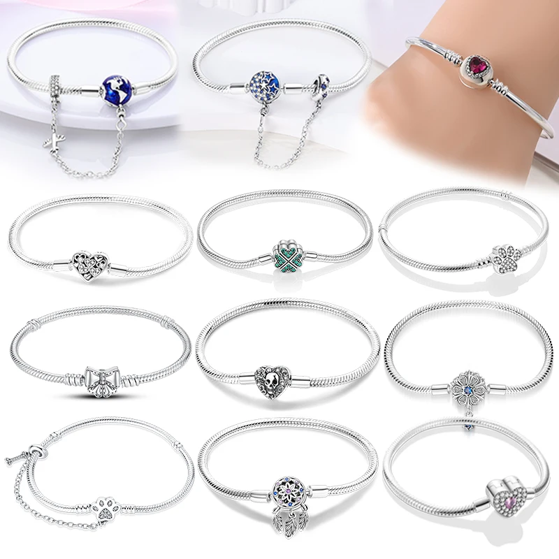 Gelang Perak Murni 925 17-20CM Gelang Matahari Bulan Hati Empat Daun Semanggi Asli Cocok DIY Manik Jimat untuk Perhiasan Wanita