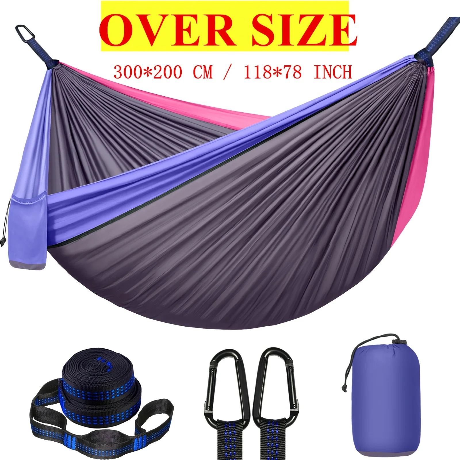 Extra-Large Double Camping Hammock, 3m x 2m (300*200cm), Includes Two 2m Tree Straps, Two D-Shaped Stainless Steel Hooks