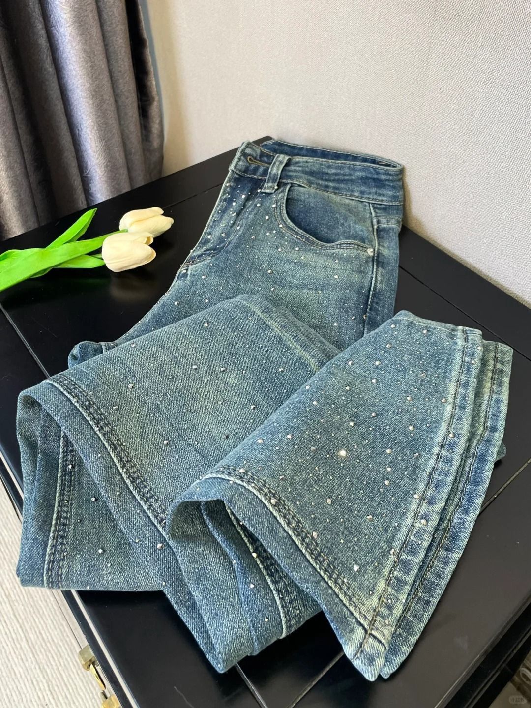 ダイヤモンドがちりばめられたレトロなレディースジーンズ,ハイウエストのストレートレッグパンツ,ルーズフィットのワイドレッグモッピングパンツ,デザインセンス,春