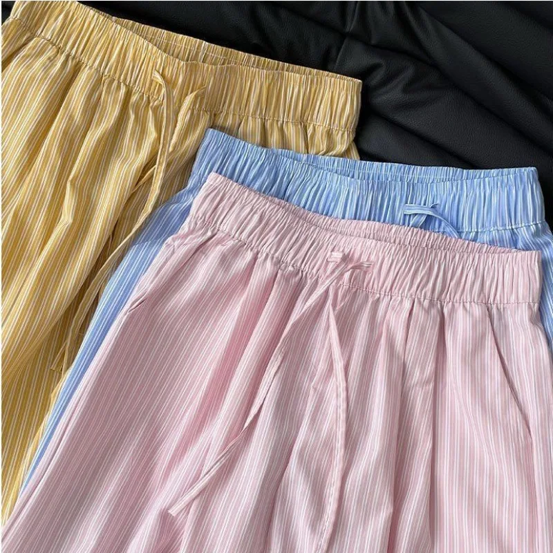 Calças de comprimento total femininas listradas bolsos cordão cintura alta em linha reta solta verão respirável resistente ao desgaste ulzzang ol casual