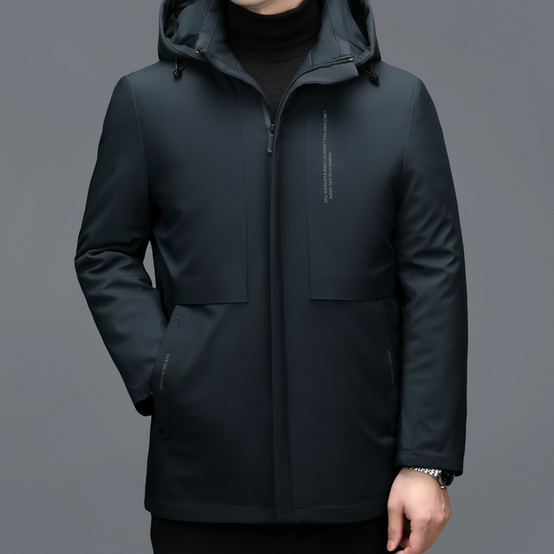 YX-2612 Herren-Daunenjacke mittler bis lang, verdickt und warm für den Winter, dicker weißer Entendaunenkuchen, lässige Jacke überwindend