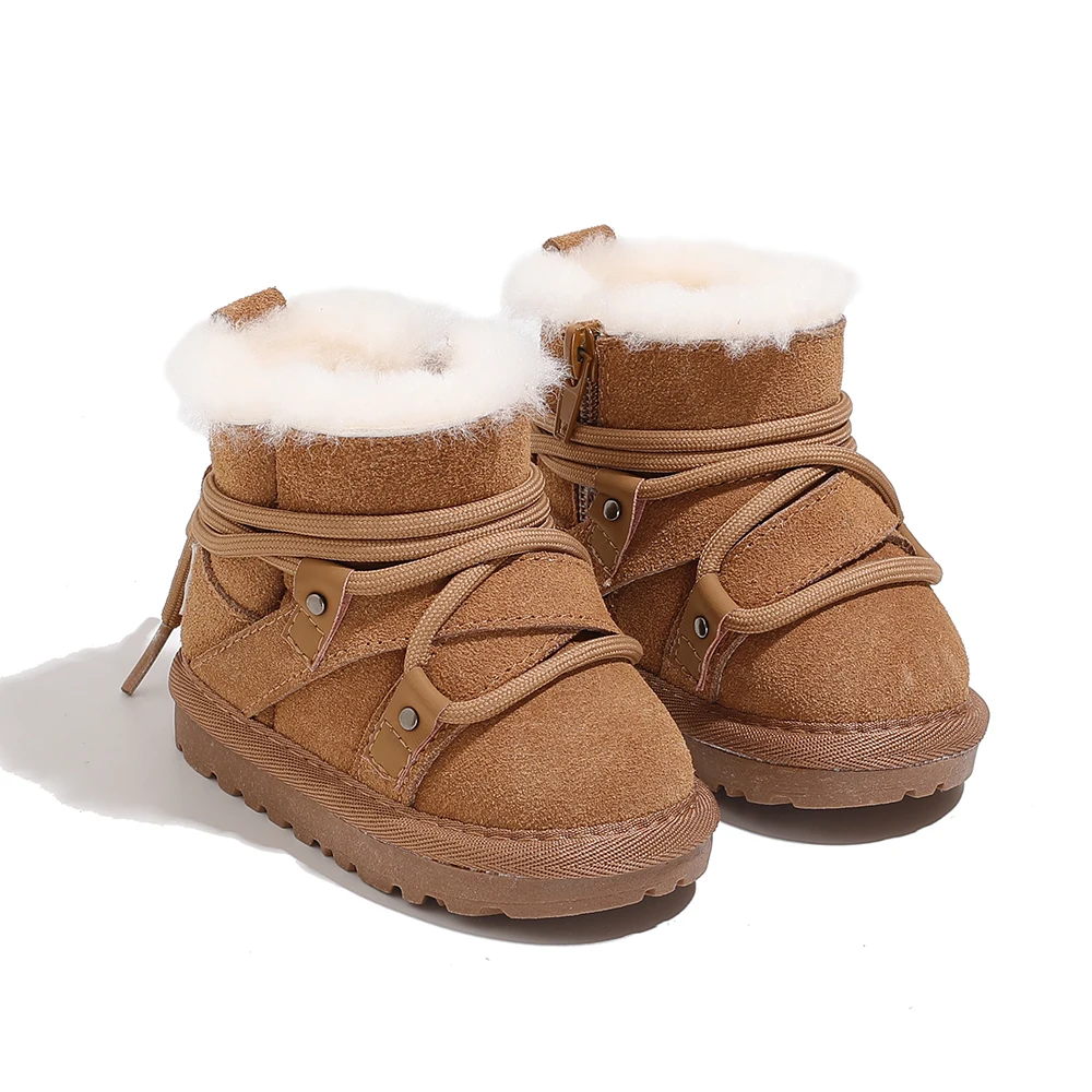 2024 ใหม่ฤดูหนาวเด็กรองเท้าบู๊ตหิมะหนัง WARM Plush ทารกรองเท้า Soft Sole รองเท้าเด็กแฟชั่นเด็กวัยหัดเดินรองเท้า 16-25