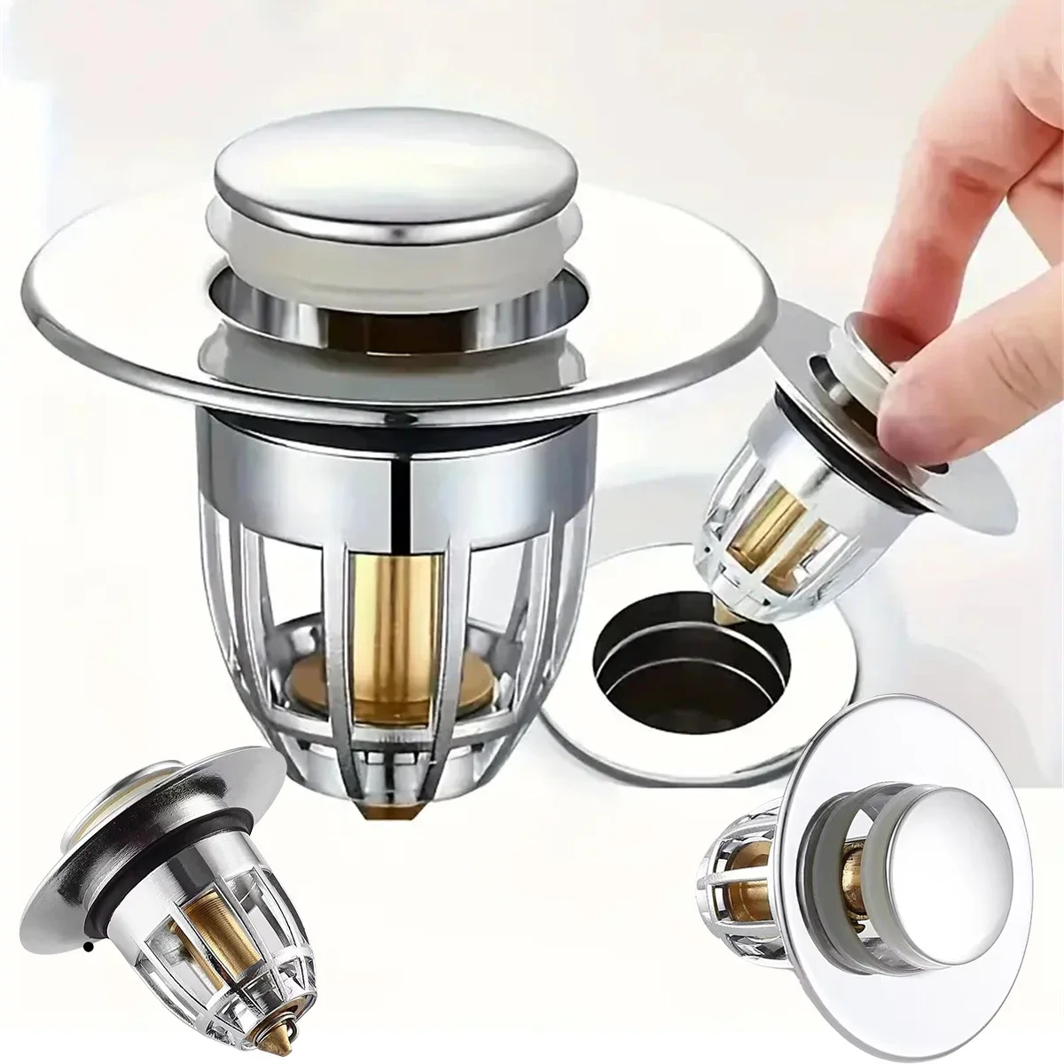 Filtro de tapón de drenaje de rebote Universal, filtro de fregadero cromado emergente para lavabo con recogedor de pelo, tapón de drenaje para fregadero de baño, tipo de empuje fácil