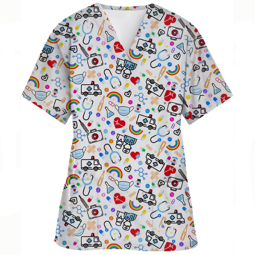 Uniforme de enfermagem roupas de trabalho femininas esfrega topo com dois bolsos impressão gráfica com decote em v médico manga curta blusa