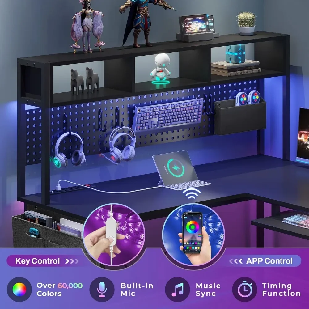 L Shaped Gaming Desk com luzes LED, mesa do computador reversível com Power Outlet e Pegboard