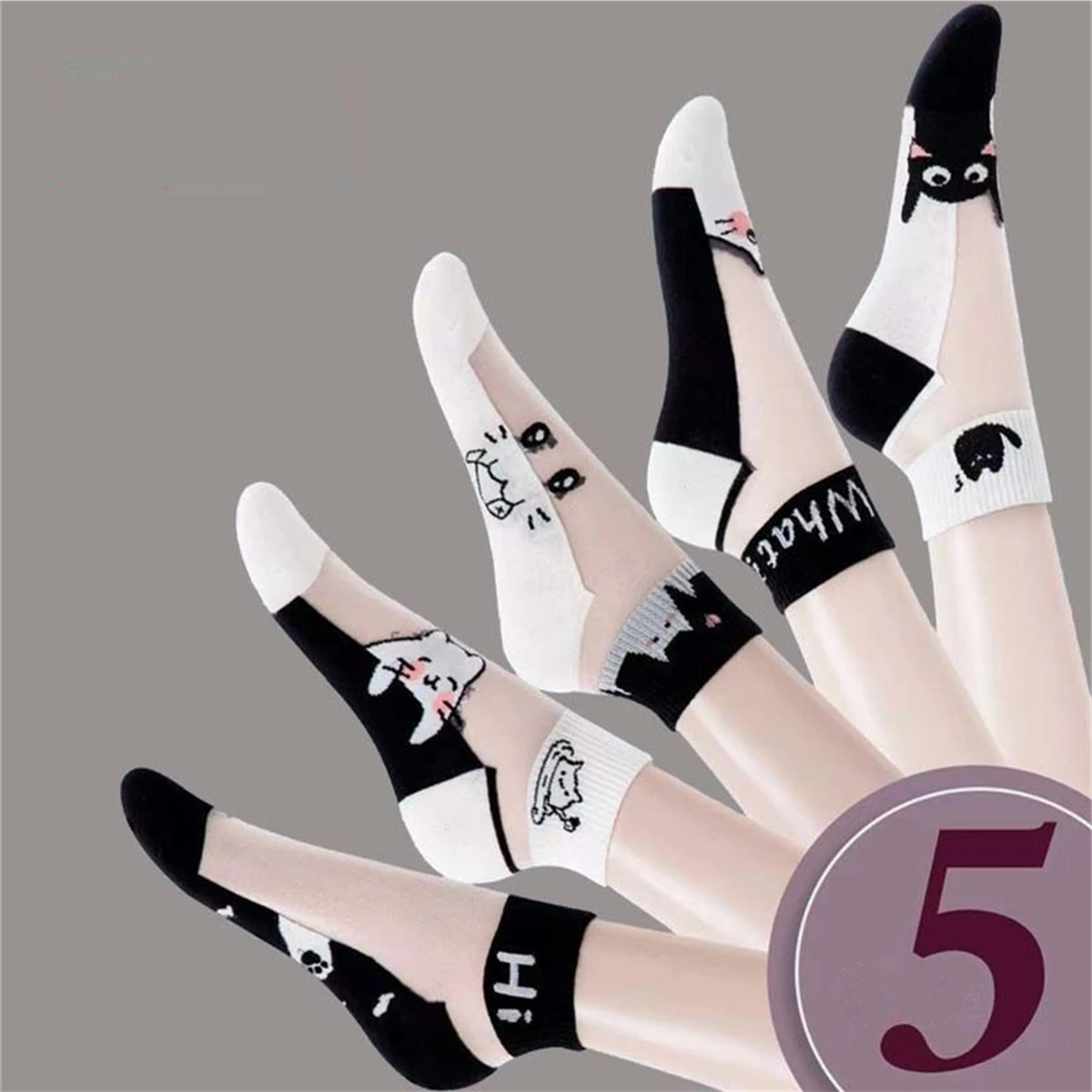 5 par/lote calcetines de verano calcetines femeninos transpirables de seda de cristal de gato blanco y negro calcetines cortos simples