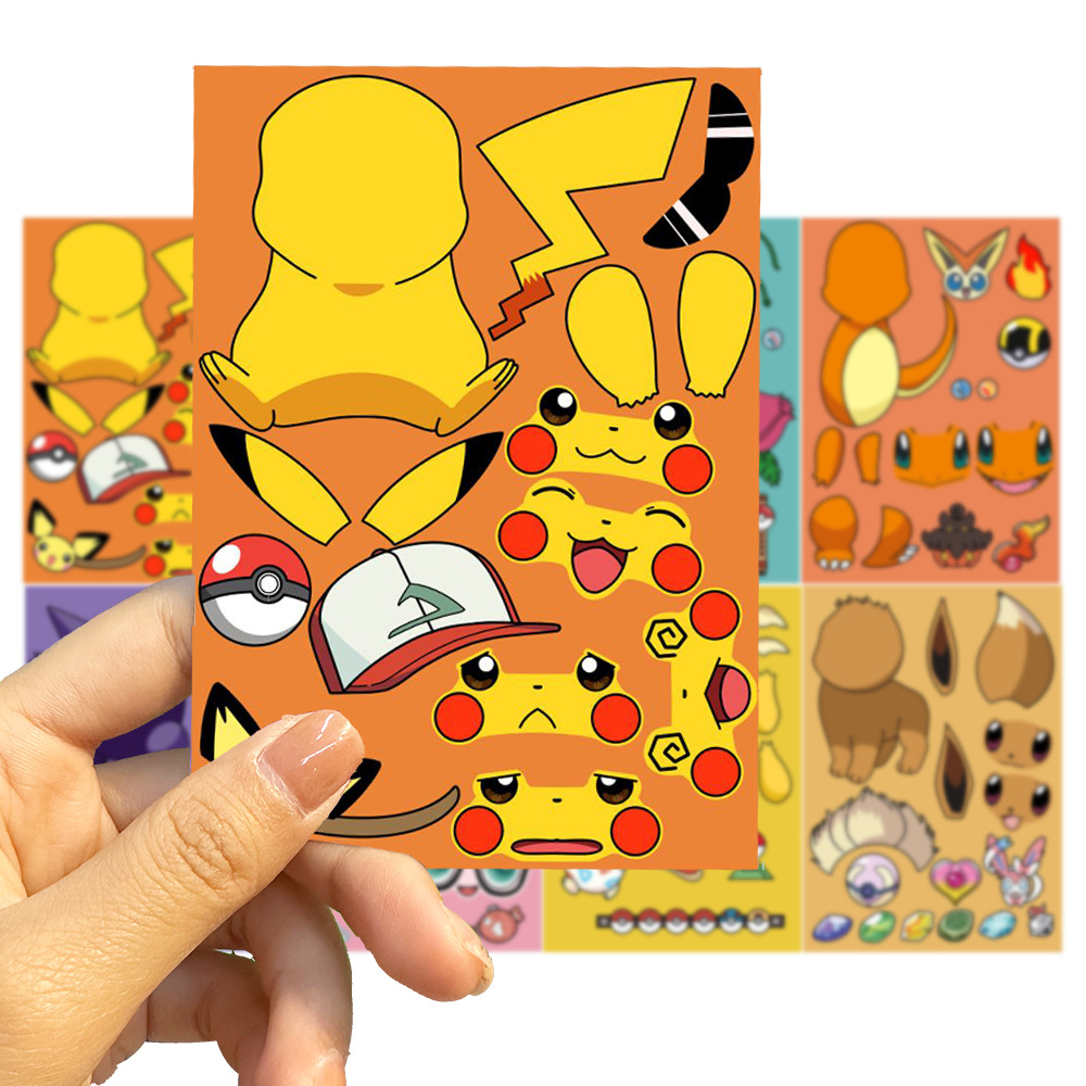 8 sztuk Pokemon zrób twarz naklejki DIY Kawaii Anime rysunek Pikachu naklejki wyrażenie naklejki śmieszne Puzzle zabawki edukacyjne dla dzieci