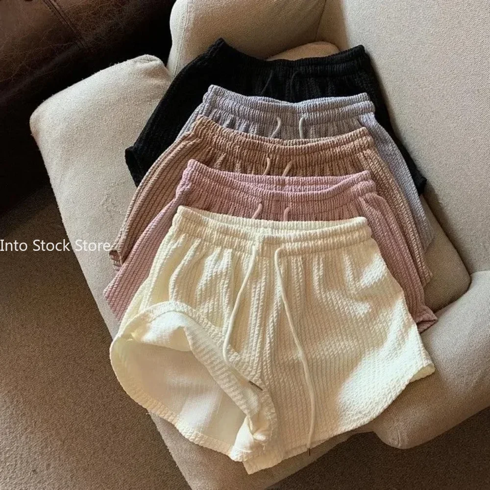 여성 반바지 여름 높은 탄성 레이스 업 Drawstring 넓은 다리 땀 짧은 피트니스 러닝 반바지 루즈 캐주얼 대형 스포츠 바지