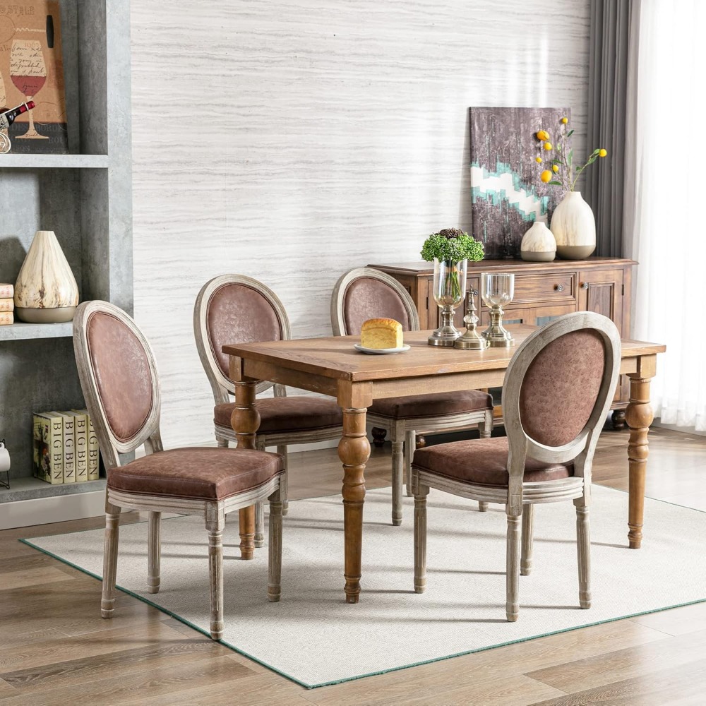 Farmhouse Leather Dining Chairs Set of 4, French Country Chairs with Round Back, Oval Side Chairs for Kitchen/Restaurant