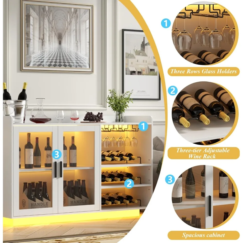 Wine Bar Cabinet with Lights,  Floating Coffee Bar with Glass Rack and Removable Wine Racks, Modern Buffet Sideboard