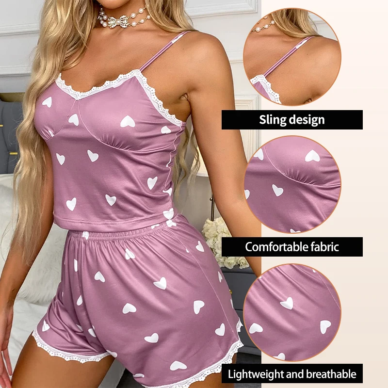 Conjunto de pijama informal con estampado de encaje y tirantes con cuello en V de dos piezas para mujer
