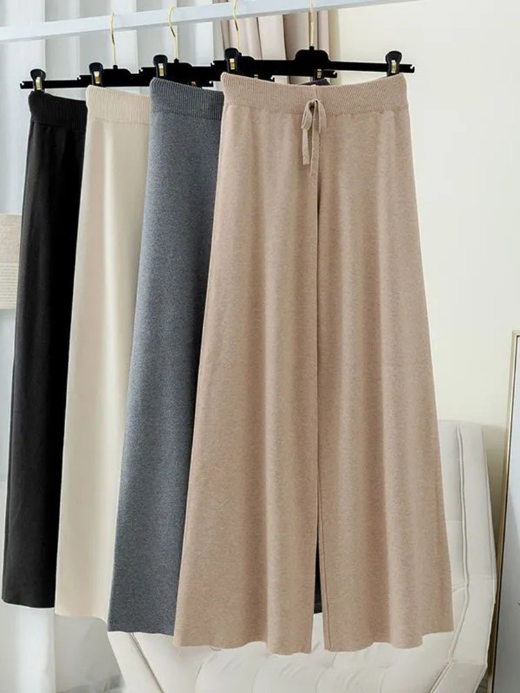 Pantalones de pierna ancha con cordones de cintura alta para mujer, Pantalones de punto elegantes para otoño e invierno, Pantalones de punto gruesos elásticos holgados e informales cálidos
