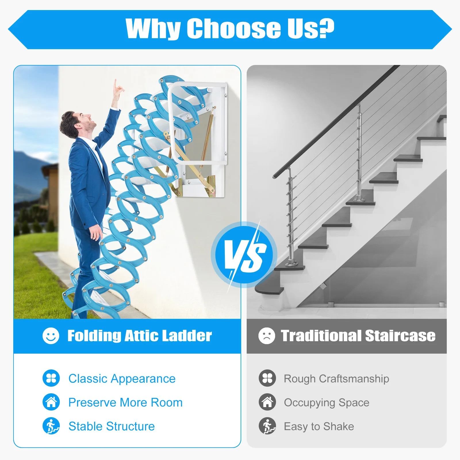 9.5-10.17ft Folding Attic Ladder Wall-Mounted Loft Folding Staircase w/Safe Handrails Saving Space Anti-slip 400kg Capacity