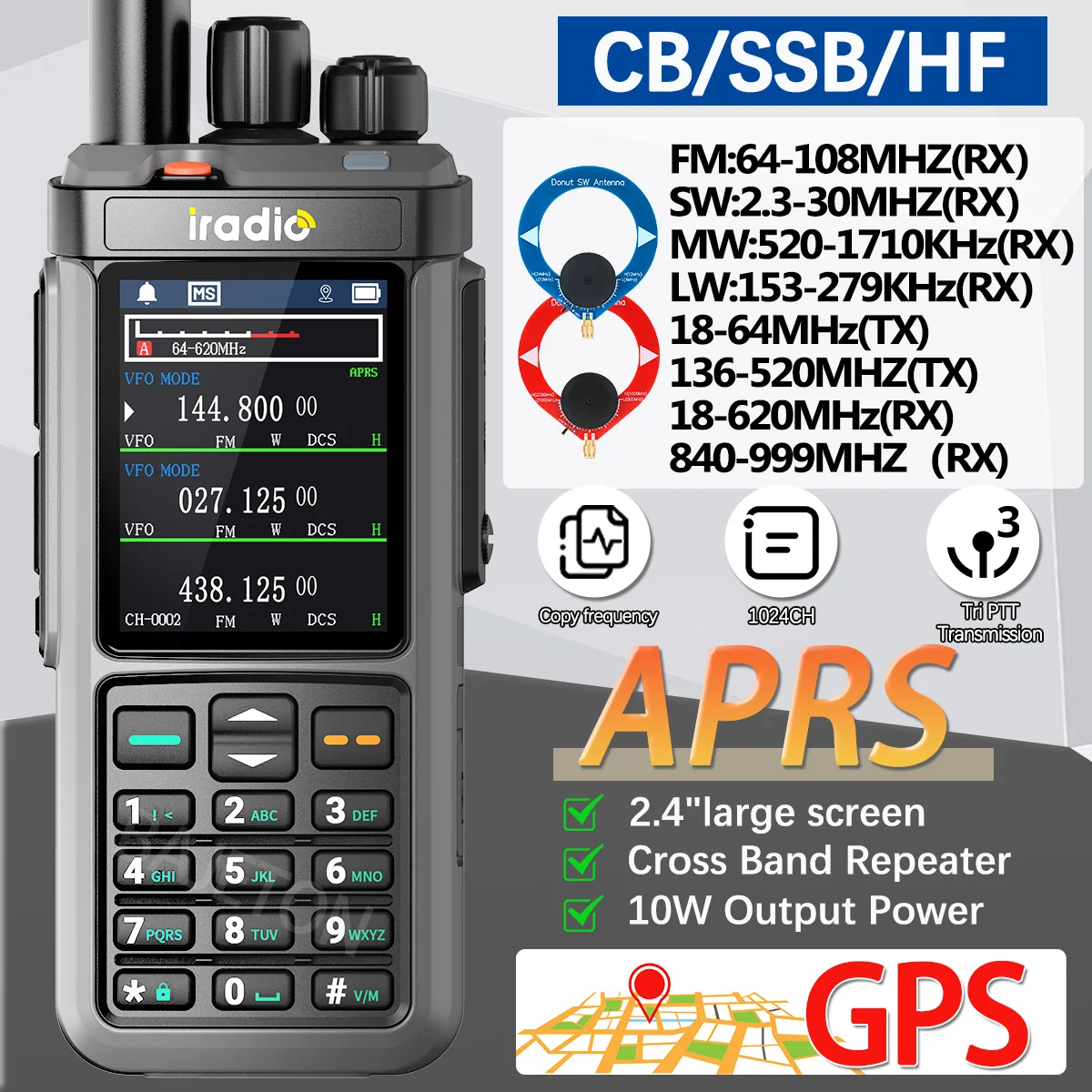 Iradio UV-98 PLUS GPS APRS Walkie Talkie 10W AM CB SSB LW MW SW HF repetidor de banda cruzada 2,4 "pantalla grande 1024CH RT-880G Radioaficionado
