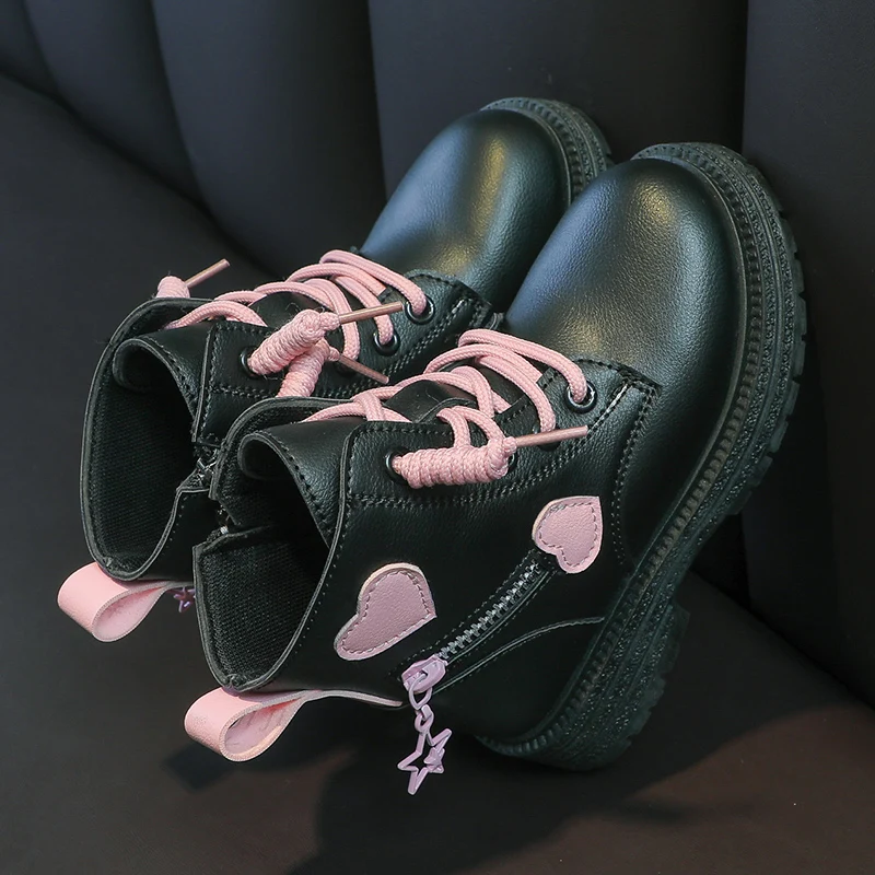 Meninas botas crianças moda botas de borracha legal menina outono e inverno algodão sola macia rosa com amor lado zip princesa dedo do pé redondo plutônio