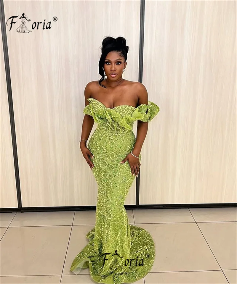 Elegante Perlen Perlen Meerjungfrau Formale Abendkleider Grün Kristall Rüschen Prom Kleid Lange Gala Party Kleid Angepasst Roben Soiree