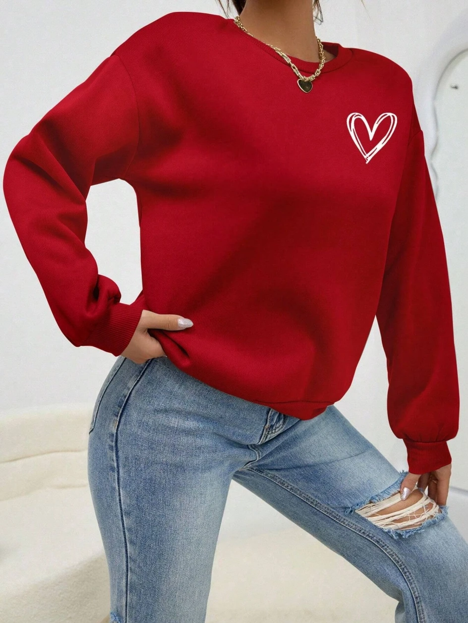 Sudaderas con estampado de corazón Simple para mujer, sudaderas con capucha informales y cómodas con cuello redondo, ropa deportiva cálida de lana holgada