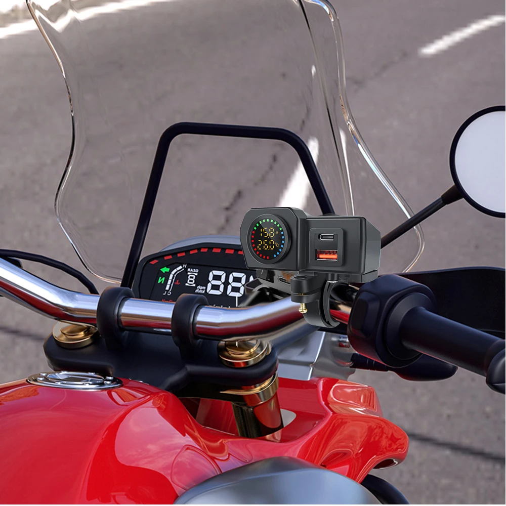 Enchufe de cargador PD QC3.0 para motocicleta de 60W, USB tipo C, carga rápida, enchufe de cargador para motocicleta, voltímetro, termómetro, pantalla Digital
