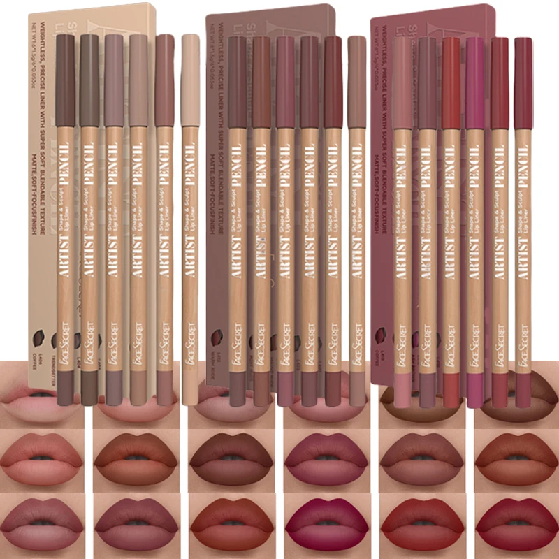 6-teiliges Face Secret Lip Liner-Bleistift-Set, ultrafein, glatt, langlebig, wasserfest, mattierter Samt, braune gemischte Farbe