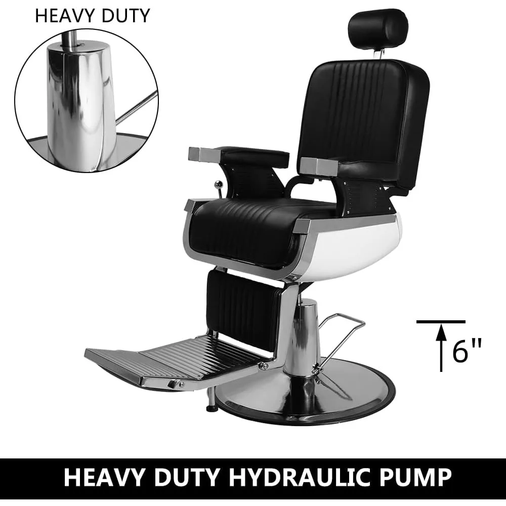 Heavy Duty Reclining Barber Chair with Headrest & Supports up to 500lbs & 360 Degrees Rolling Swivel, Professional Vintage