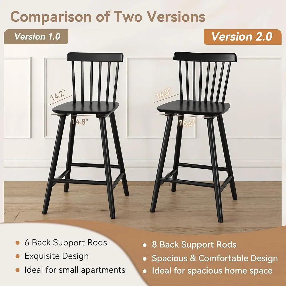 4 Pieces Windsor Wooden Bar Stools Set 24 Inch Counter Height with Comfortable Seating Contoured Backrest Kitchen